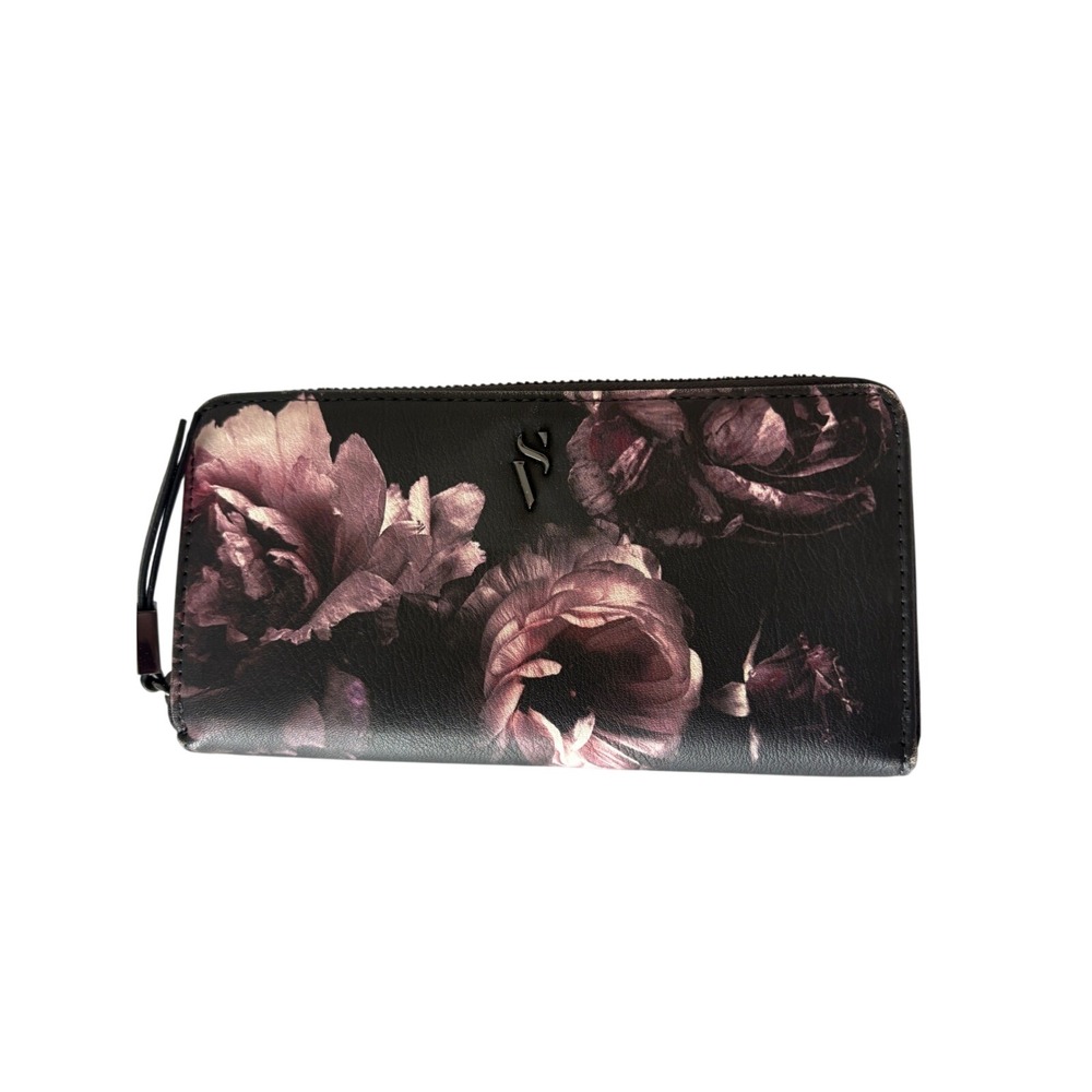 Simply Vera Vera Wang Womens Floral Zip Around Wallet Black Purple Rose Floral